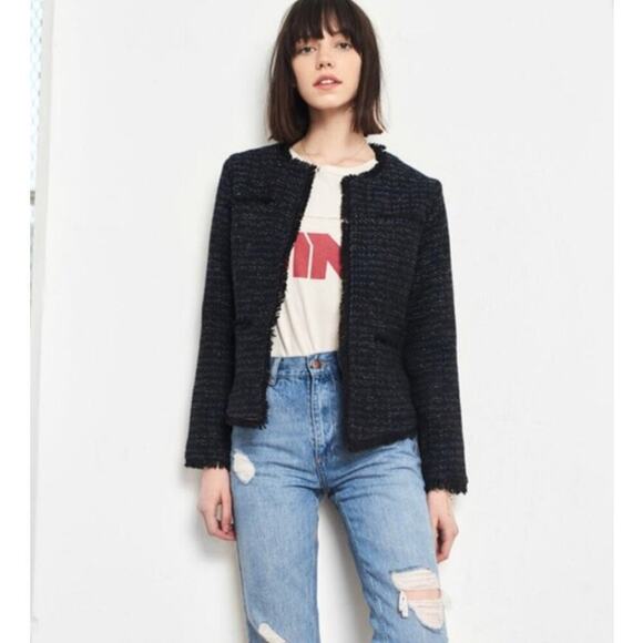 Anine Bing Tweed Navy Blue Gold Fringed Raw Hemline Jacket Blazer Size Small - Picture 1 of 16